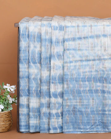 Semi Silk Saree for Women with Checked and Striped Pattern and Woven Border – Blue