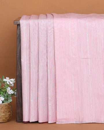 Semi Silk Saree for Women with Elegant Sequin Embellishments and Delicate Vertical Striped Pattern - Pink