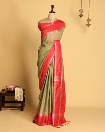 Sage Green Tussar Blend Saree with Coral Red Contrast and Silver Zari Woven Geometric Border