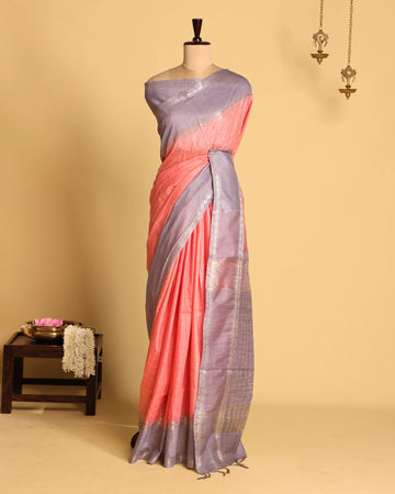 Peach Pink Tussar Blend Saree with Lavender Grey Contrast and Silver Zari Woven Border