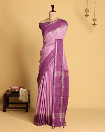 Light Pink Tussar Blend Saree with Mauve Purple Contrast and Silver Zari Woven Border
