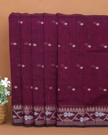 Wine Maroon Khadi Cotton Saree with Silver Zari Floral Border and Traditional Woven Pallu