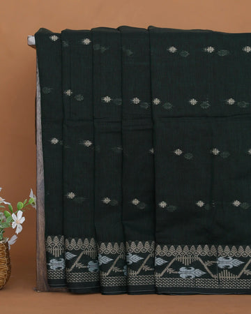 Dark Bottle Green Khadi Cotton Saree with Antique Copper Zari Pallu and Traditional Floral Woven Border