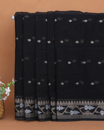 Black Khadi Cotton Saree with Steel Silver Zari Floral Border and Traditional Metallic Pallu