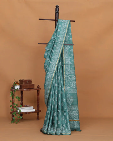 Semi Silk Saree with Traditional Hand Block Printed Botanical Motifs and Intricate Contrast Border - Green