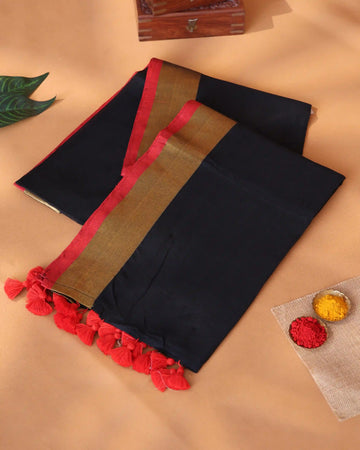 Mul Mul Cotton Saree for Women with Solid Body Contrast Zari Border and Tassel Detailing - Black