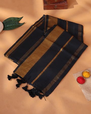 Mul Mul Cotton Saree for Women with Golden Striped Body and Golden Zari Border - Black