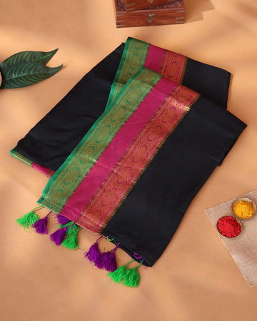 Mul Mul Cotton Saree for Women with Floral Woven Border and Traditional Tassel Detailing - Black