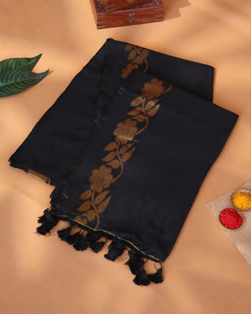 Mul Mul Cotton Saree for Women with Solid Body Floral Woven Border and Tassel Pallu - Black
