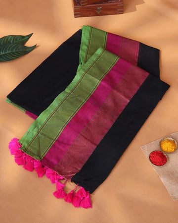 Mul Mul Cotton Saree for Women with Solid Body and Multi Color Plain Border- Black