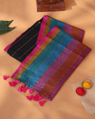 Mul Mul Cotton Saree for women with Vertical Zari Stripes Contrast Border and Traditional Tassel Pallu - Multi