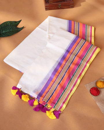 Mul Mul Cotton Saree for Women with Multi Striped Border and Traditional Tassel Detailing - Off White