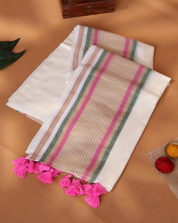 Mul Mul Cotton Saree for Women Solid Body with Striped Border and Tassel Detailing - Off White