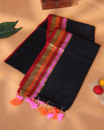 Mul Mul Cotton Saree for Women with Multi Color Zari Striped Border and Tassel Detailing - Black