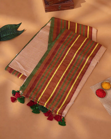 Mul Mul Cotton Saree for Women with Peacock and Temple Motif Striped Woven Zari Border and Tassel Pallu - Peach