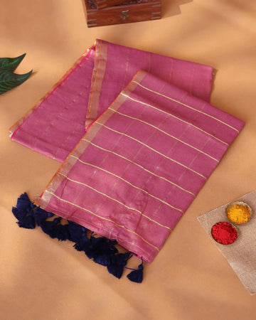 Mul Mul Cotton Saree for Women with Golden Zari Border Checked Body and Tassel Detail - Pink