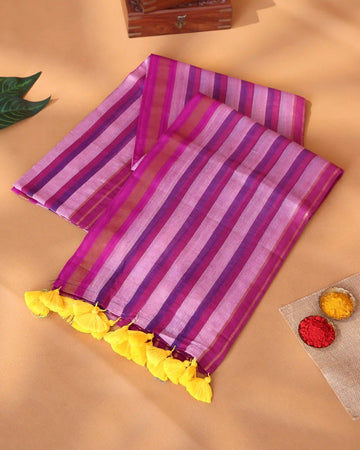Mul Mul Cotton Saree for Women with Striped Pattern and Tassel Detail - Multi