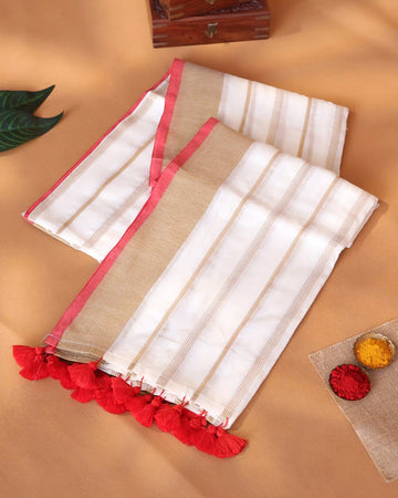 Mul Mul Cotton Saree for Women with Vertical Zari Stripes Broad Zari Border and Tassel Detailing - Off White
