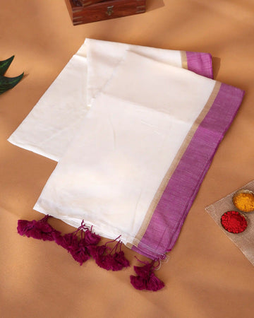 Mul Mul Cotton Saree for Women with Solid Body Purple Contrast Border and Traditional Tassel Detailing - Off White