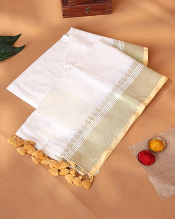 Mul Mul Cotton Saree for Women with Paisley Striped Zari Border and Tassel Detailing - Off White
