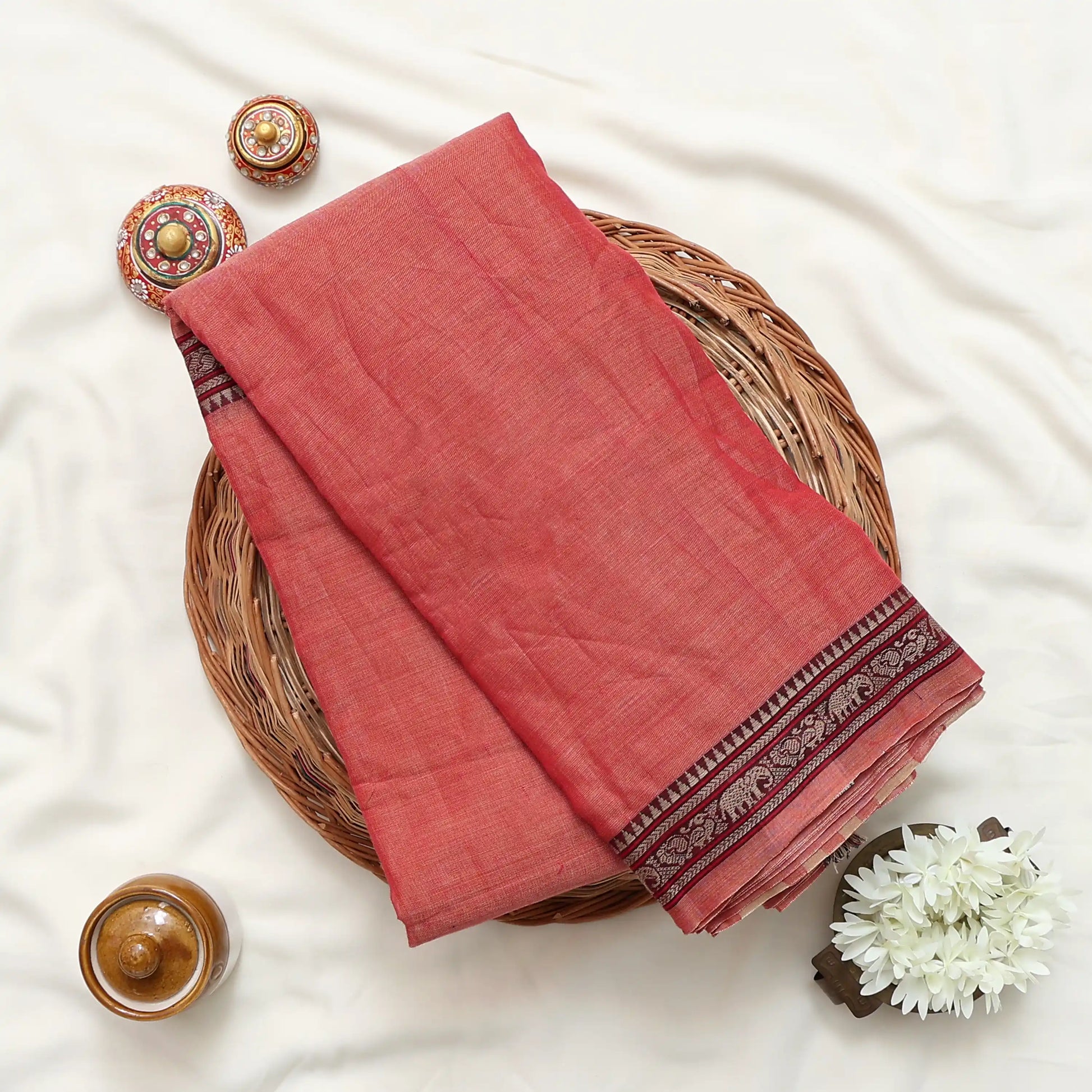 Narayanpet Cotton Saree with Elephant & Peacock Zari Woven Border light red Front Folded Top View