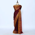 Narayanpet Cotton saree with deep maroon body and gold zari woven border, front drape view