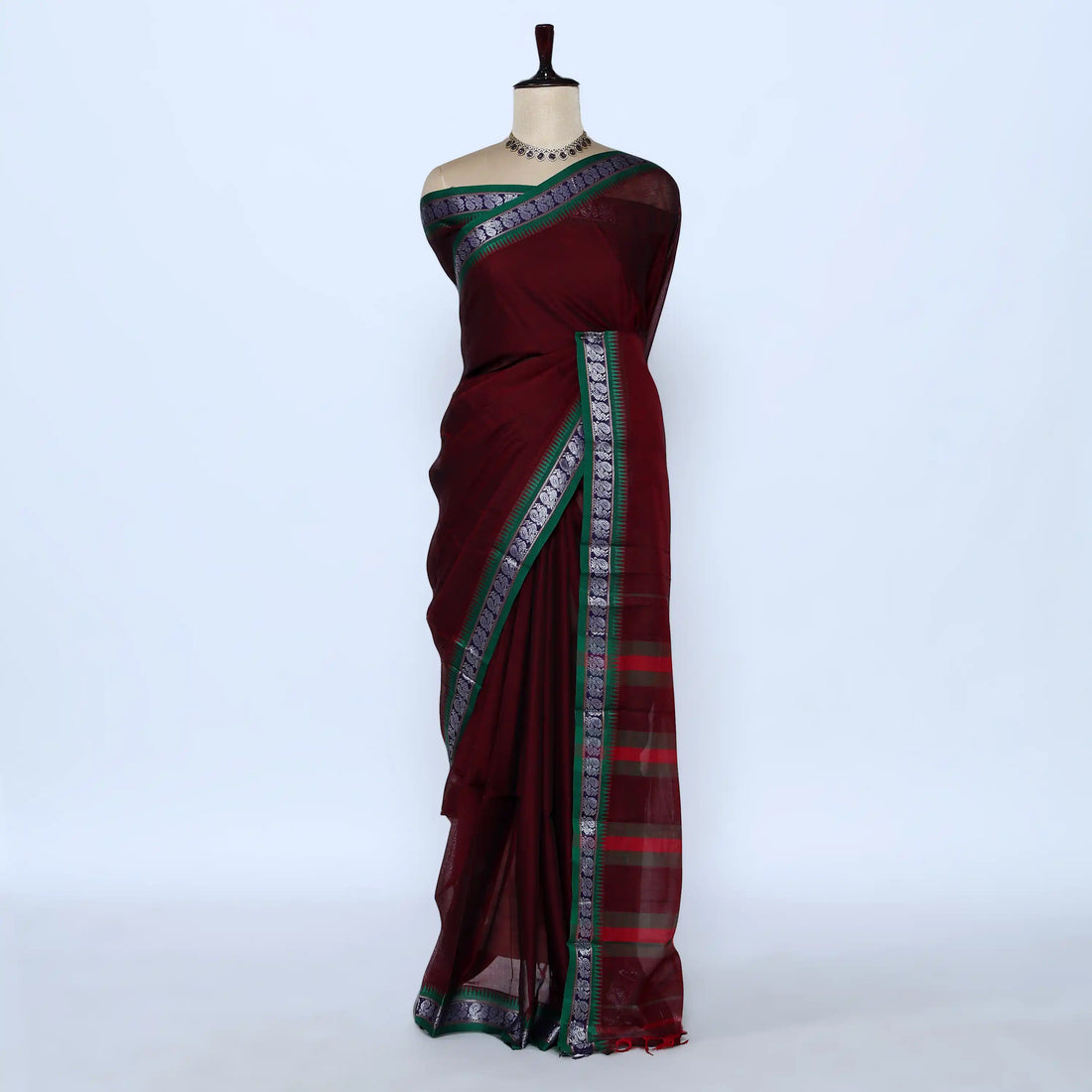 Narayanpet Cotton saree with deep purple body and silver zari woven border, front drape view