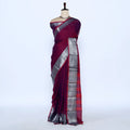 Narayanpet Cotton saree with deep maroon body and silver zari woven border, front drape view