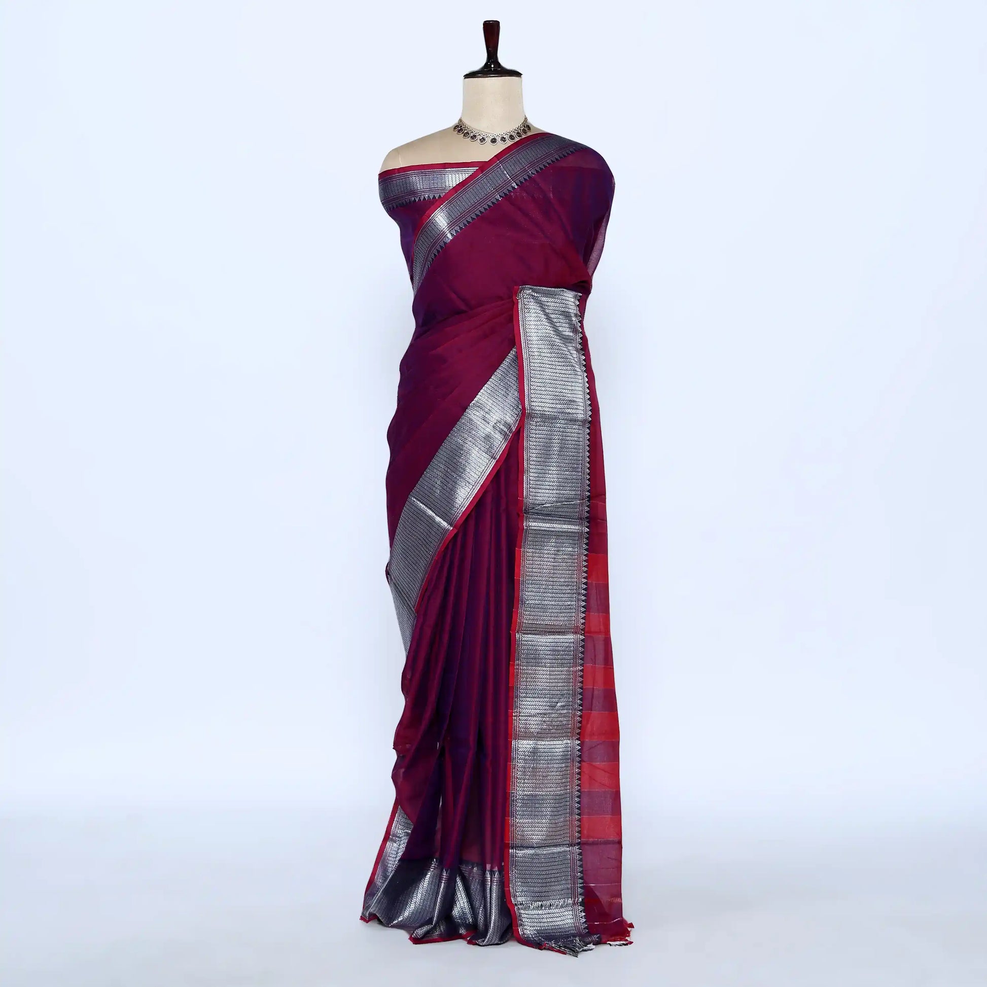 Narayanpet Cotton saree with deep maroon body and silver zari woven border, front drape view