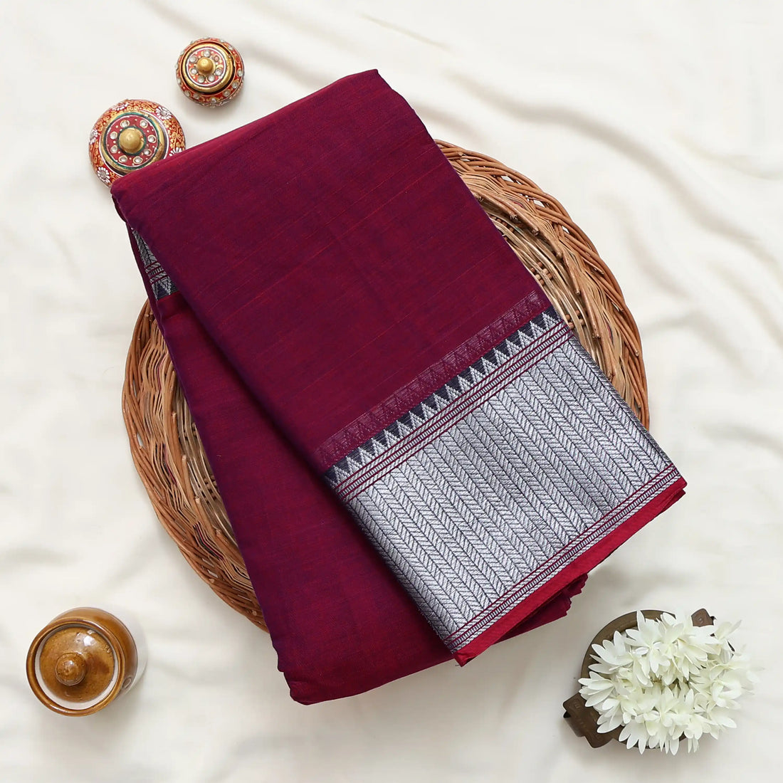 Narayanpet Cotton saree with deep maroon body and silver zari woven border, front drape view