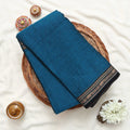 Narayanpet Cotton Saree with Elephant & Peacock Zari Woven Border Blue Front Folded Top View