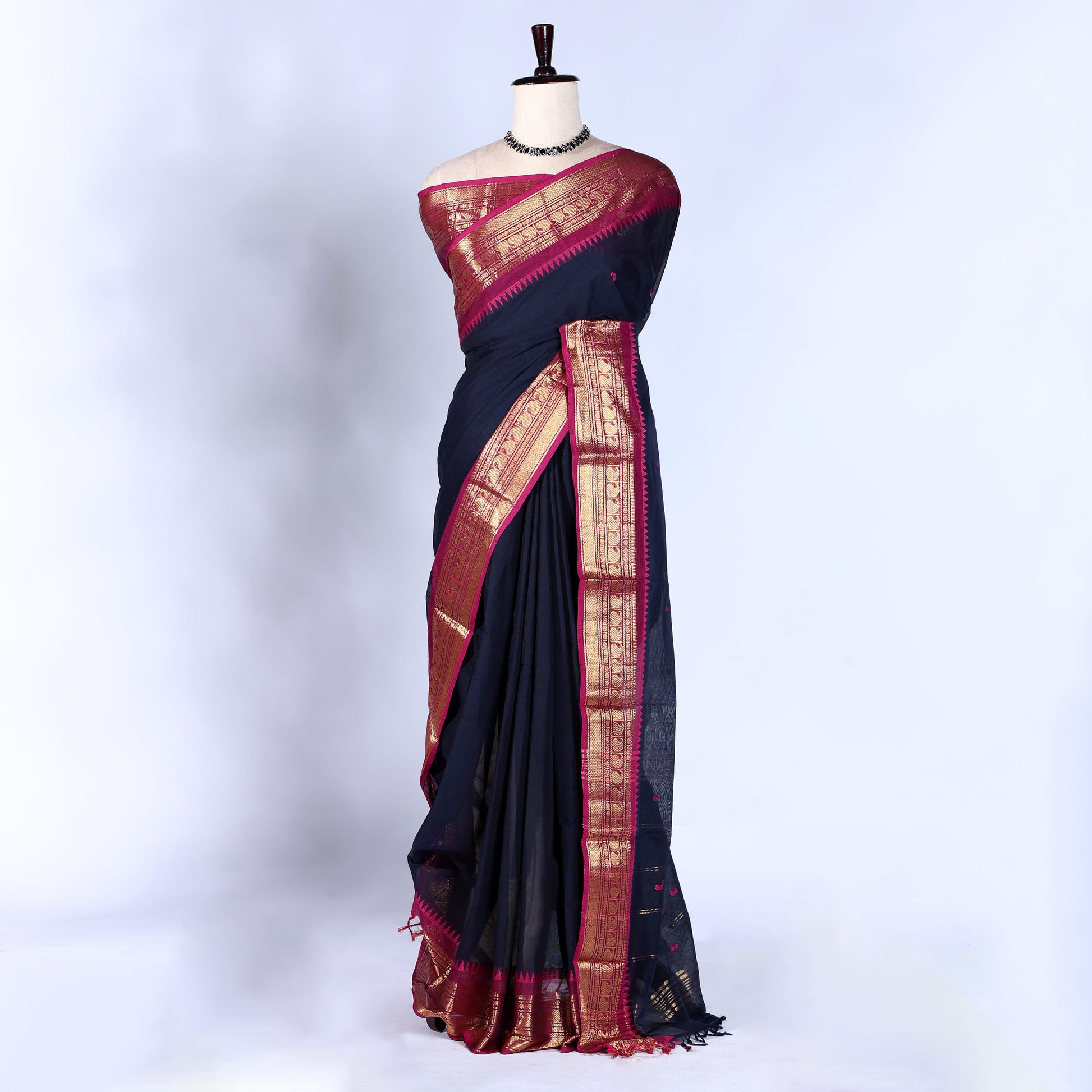 Navy Blue Kanchi Cotton Saree for Women | Festive Traditional Collection | Jeyachandran -Full View

