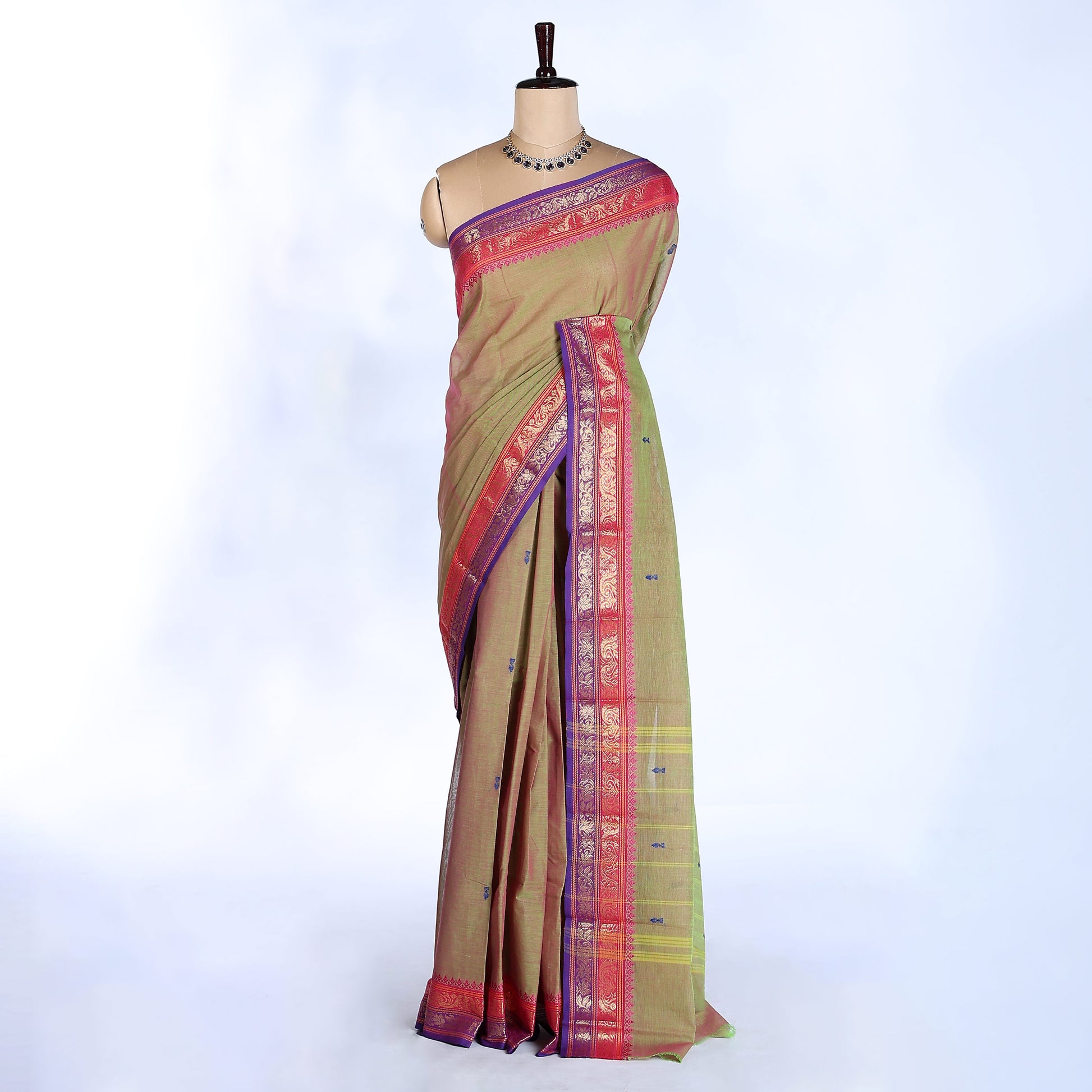 Olive Green Kanchi Cotton Saree for Women | Festive Traditional Collection | Jeyachandran -Full View
