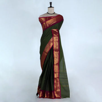 Olive Green Kanchi Cotton Saree for Women | Festive Traditional Collection | Jeyachandran -Full View
