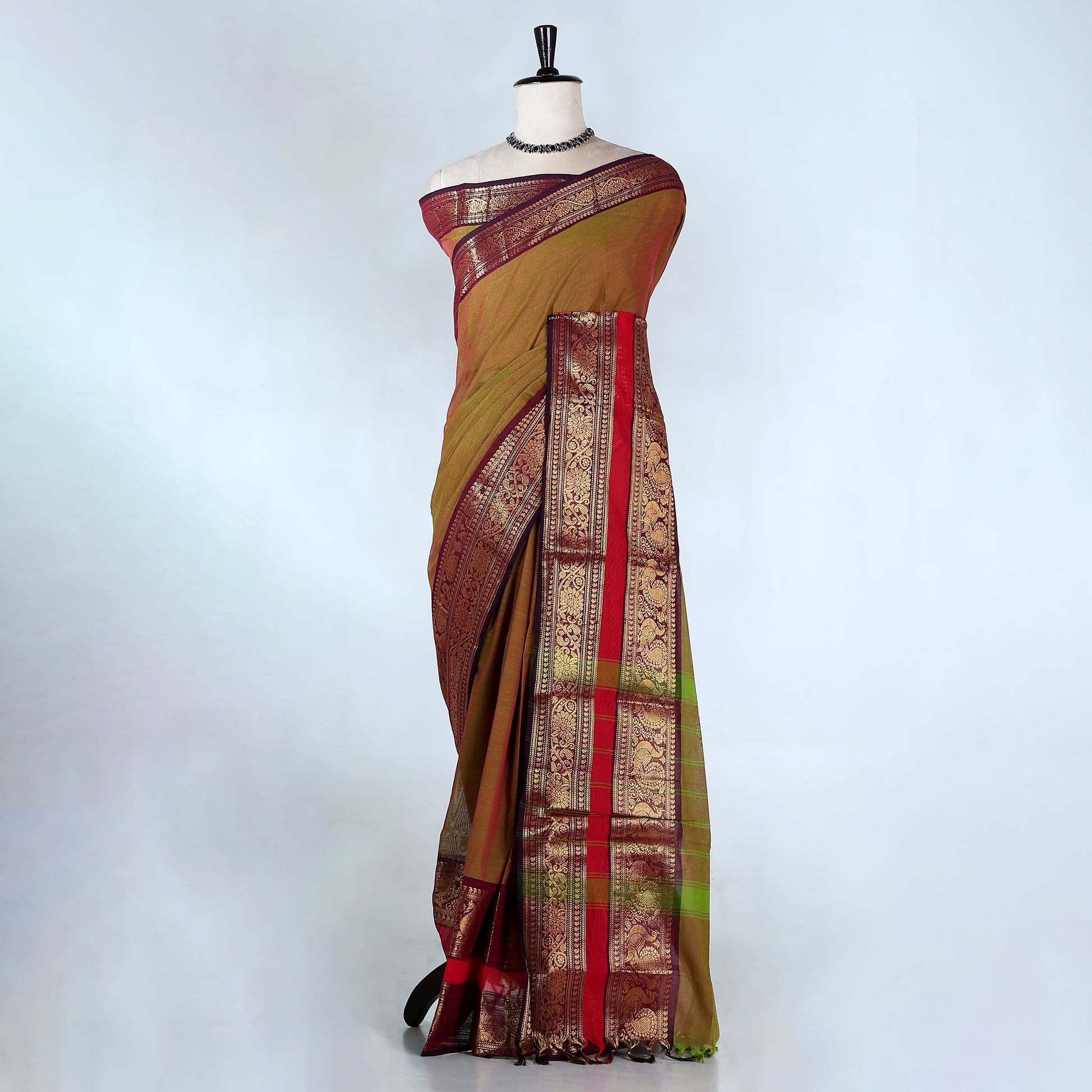 Olive Green Kanchi Cotton Saree for Women | Festive Traditional Collection | Jeyachandran -Full View
