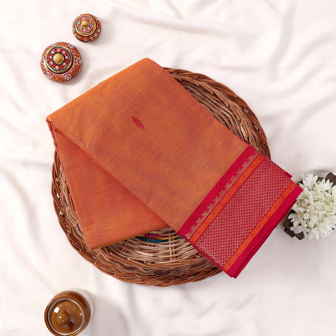Orange Kanchi Cotton Saree for Women | Festive Traditional Collection | Jeyachandran -Full View
