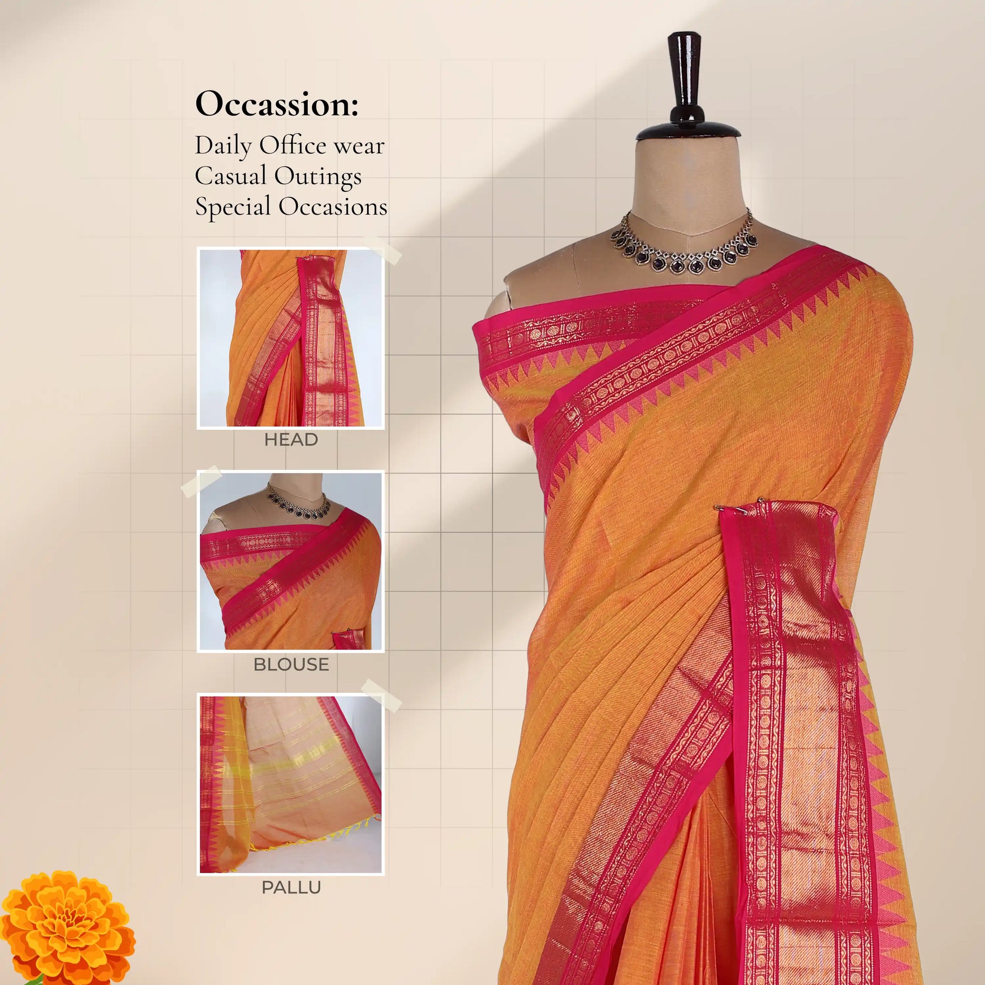 Chettinad cotton saree with pink zari border in orange front view on mannequin with detailed pallu and border close ups