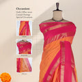 Chettinad cotton saree with plain orange body broad pink zari border front draped view on mannequin.