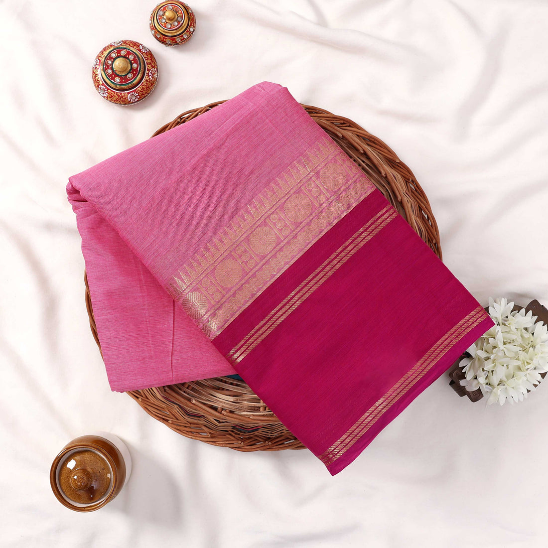 Pink Kanchi Cotton Saree for Women | Festive Traditional Collection | Jeyachandran -Full View
