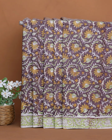 Hand Block Printed Sanganeri Pure Cotton Saree With Floral Vine Motifs And Floral Printed Border - Purple