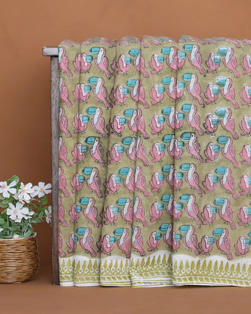 Sanganeri Hand Block Printed Pure Cotton Saree with Bird Motif and Traditional Hand Block Printed Border - Olive Green