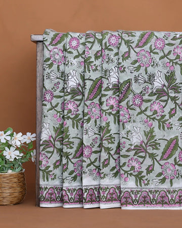 Sanganeri Hand Block Printed Pure Cotton Saree with Floral Botanical Motifs and Traditional Floral Border - Light Green