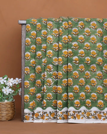 Sanganeri Hand Block Printed Pure Cotton Saree with Floral Butti Motifs and Traditional Floral Border - Green