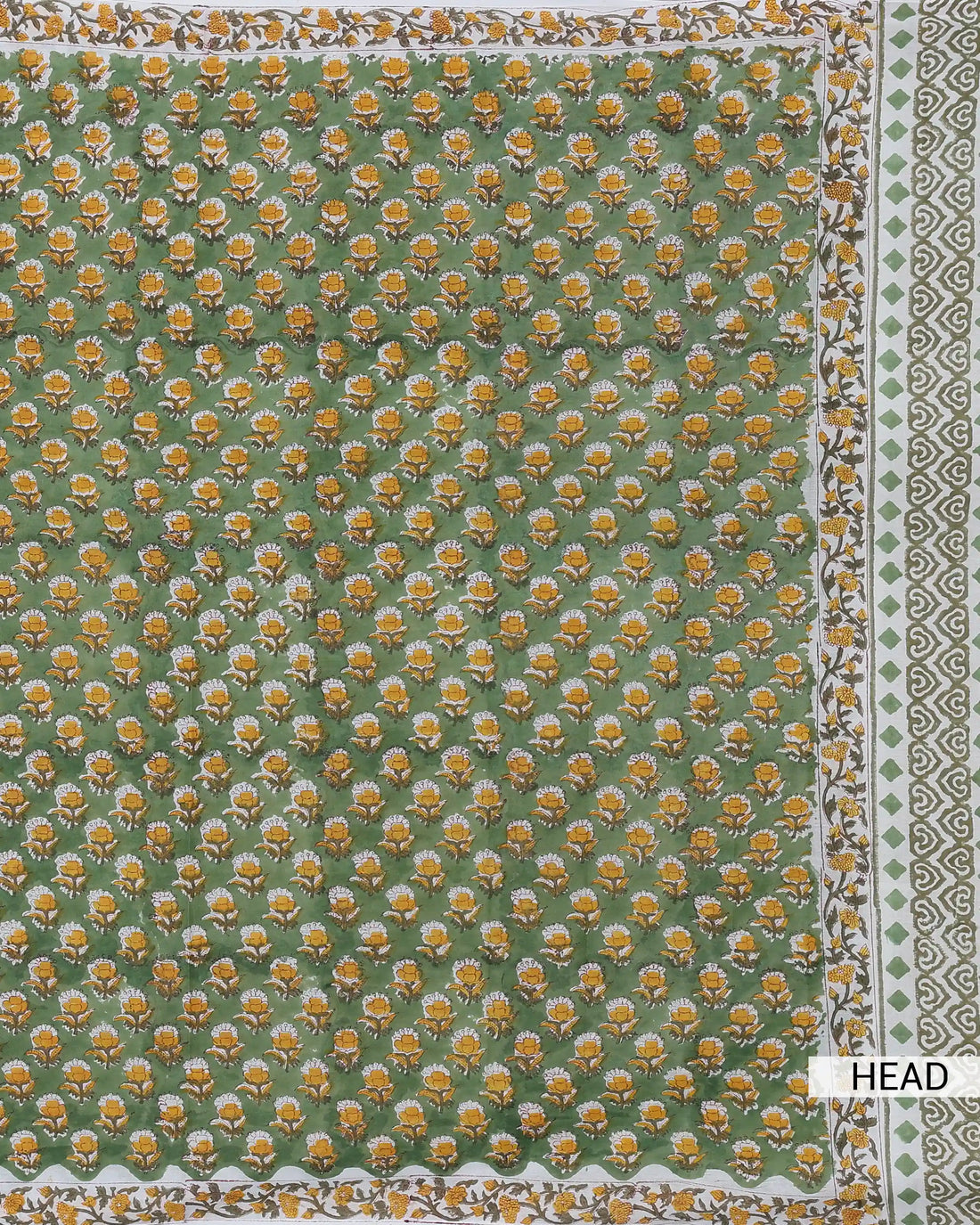 Sanganeri Hand Block Printed Cotton Saree with Floral Butti Motifs and Traditional Floral Border - Green