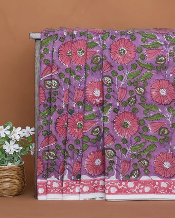 Sanganeri Hand Block Printed Pure Cotton Saree with Floral Leaf Motifs and Traditional Printed Border - Purple