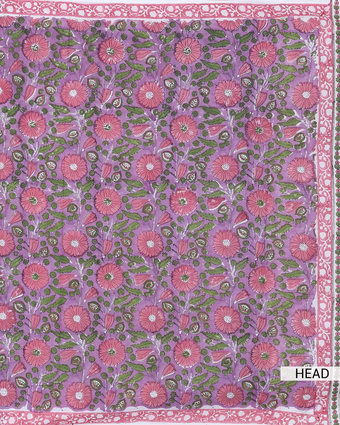 Sanganeri Hand Block Printed Cotton Saree with Floral Leaf Motifs and Traditional Printed Border - Purple