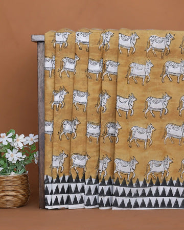 Sanganeri Hand Block Printed Pure Cotton Saree with Traditional Cow Motifs and Temple Border - Mustard Yellow