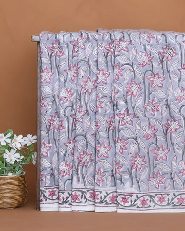 Sanganeri Hand Block Printed Pure Cotton Saree with Floral Leaf Motifs and Traditional Floral Border - Grey