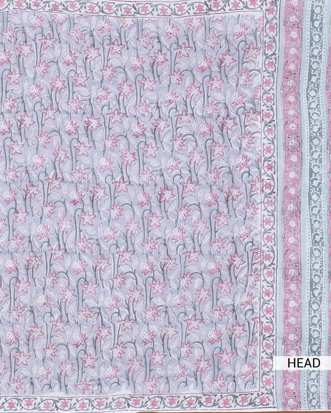 Sanganeri Hand Block Printed Cotton Saree with Floral Leaf Motifs and Traditional Floral Border - Grey