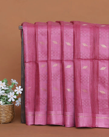 Semi Silk Saree with Traditional Woven Checks Vertical Stripes and Subtle Metallic Butta Motifs with Woven Border - Pink